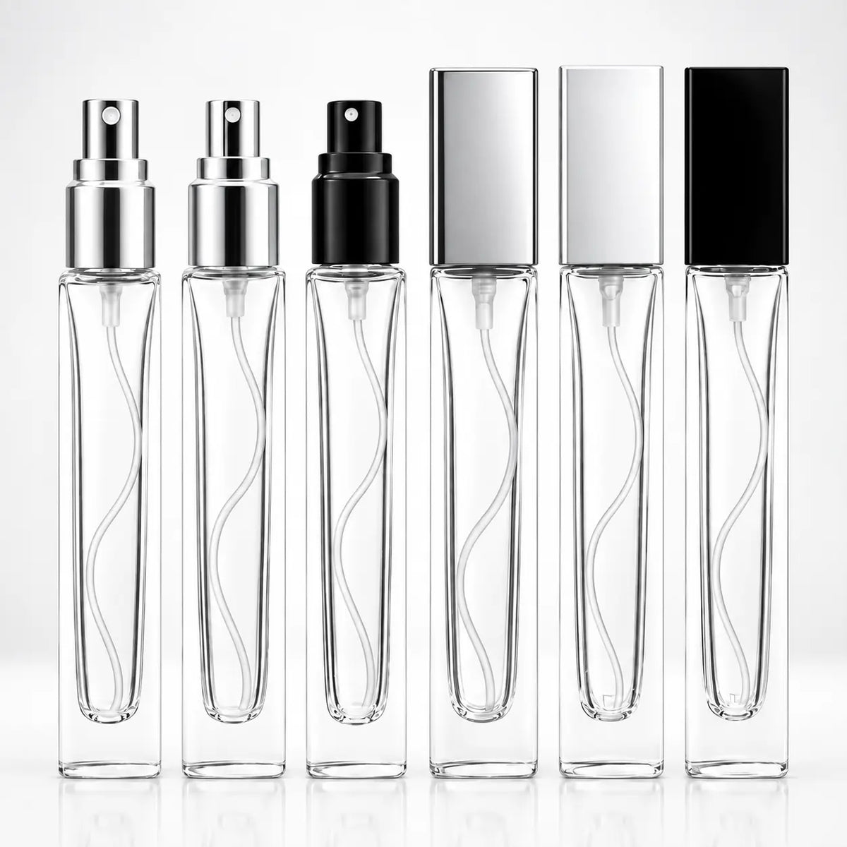 10ml Clear Glass Spray Refillable Perfume Tester Bottle | Black & Silver