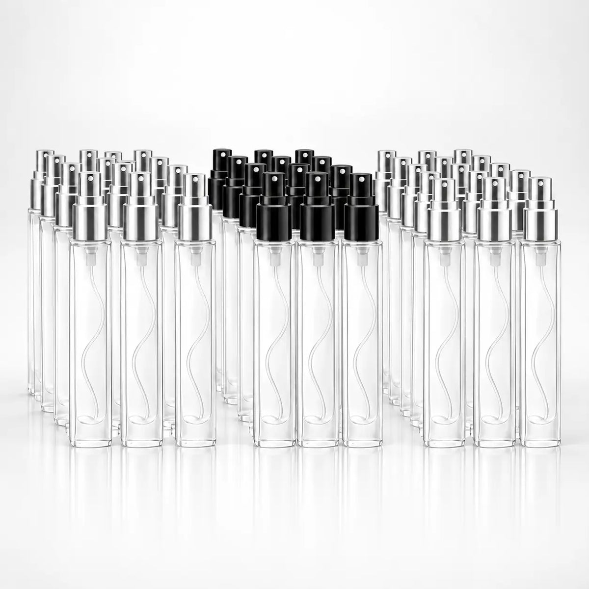 10ml Clear Glass Spray Refillable Perfume Tester Bottle | Black & Silver