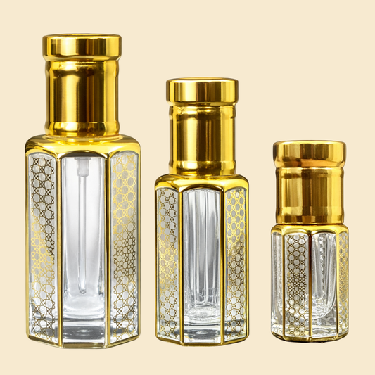 Hexagonal Glass Attar Bottle with Golden Cap & Glass Stick