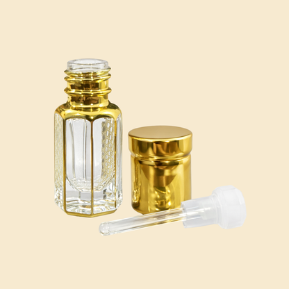 Hexagonal Glass Attar Bottle with Golden Cap & Glass Stick