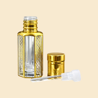 Hexagonal Glass Attar Bottle with Golden Cap & Glass Stick