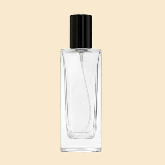 Clear perfume bottle with black cap 